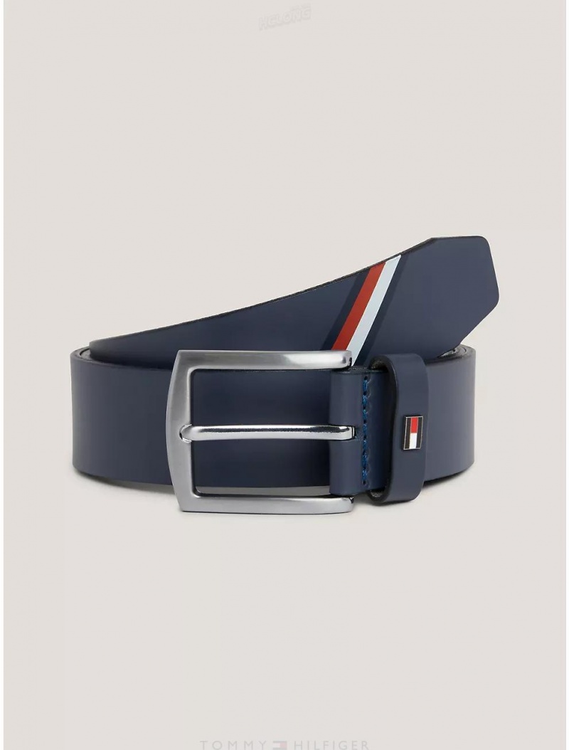 Tommy Hilfiger Flag Stripe Logo Leather Belt Belts Space Blue | 2706-FKYNV