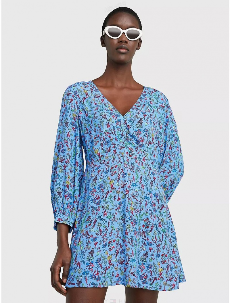 Tommy Hilfiger Floral Long-Sleeve Crepe Dress Dresses & Skirts Coastal Floral Ditsy/ Hydrengea | 6495-TLIVK