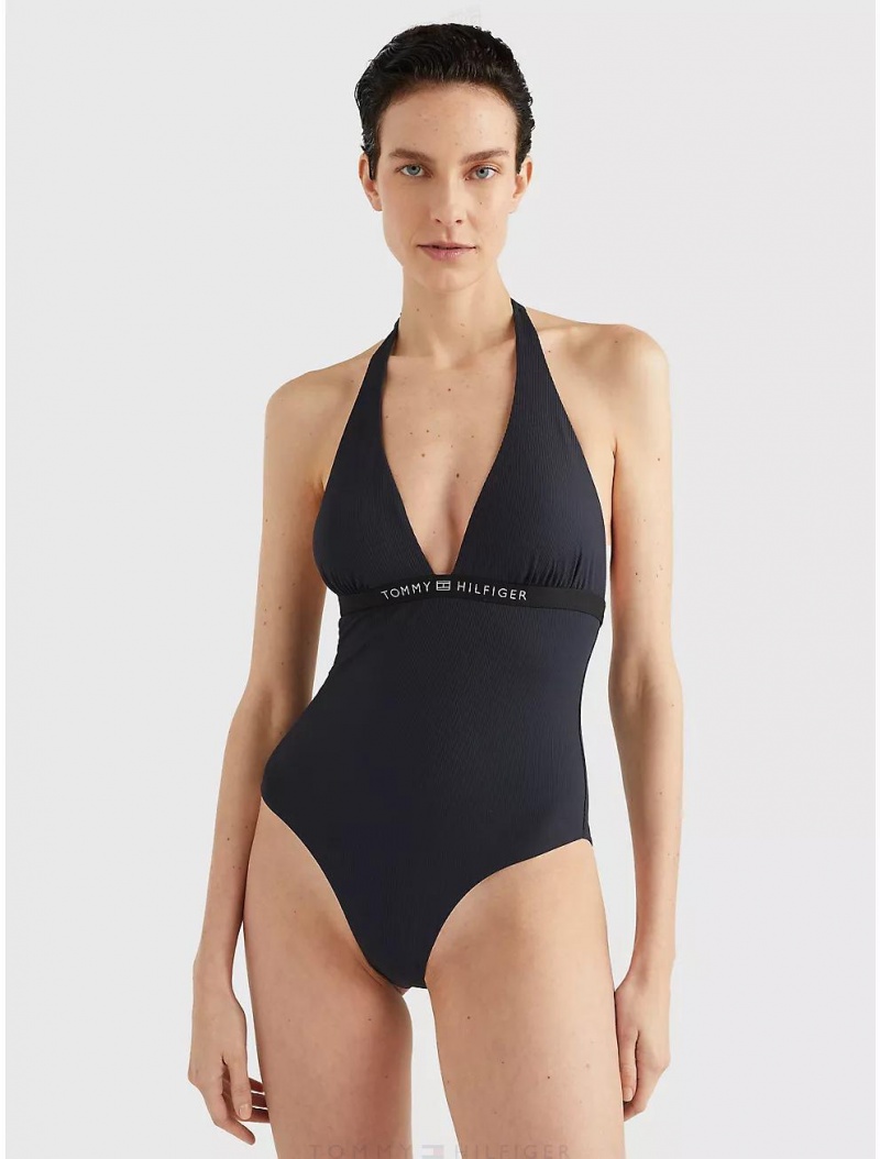 Tommy Hilfiger Halter One-Piece Swimsuit Swimwear Black | 4695-RPJEA