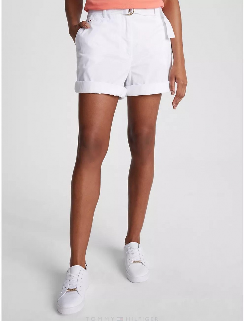 Tommy Hilfiger High Waist Belted Twill Chino Short Pants & Shorts Optic White | 9460-NDCEI