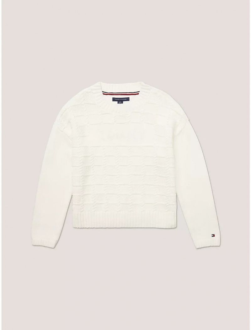 Tommy Hilfiger Kids\' Check Cable Sweater Sweatshirts & Sweaters Ivory Petal | 3058-GHKVN