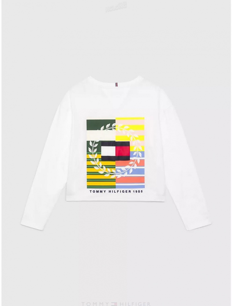 Tommy Hilfiger Kids' Flag Long-Sleeve T-Shirt T-Shirts White | 9758-XRHIQ