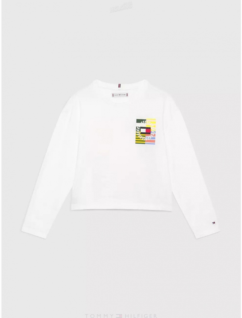 Tommy Hilfiger Kids' Flag Long-Sleeve T-Shirt T-Shirts White | 9758-XRHIQ