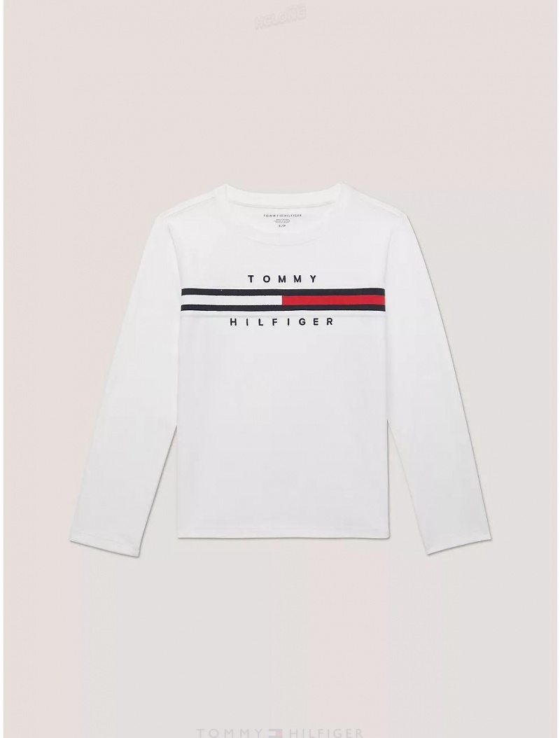 Tommy Hilfiger Kids' Flag Stripe Logo Long-Sleeve T-Shirt T-Shirts Fresh White | 9746-BSERW