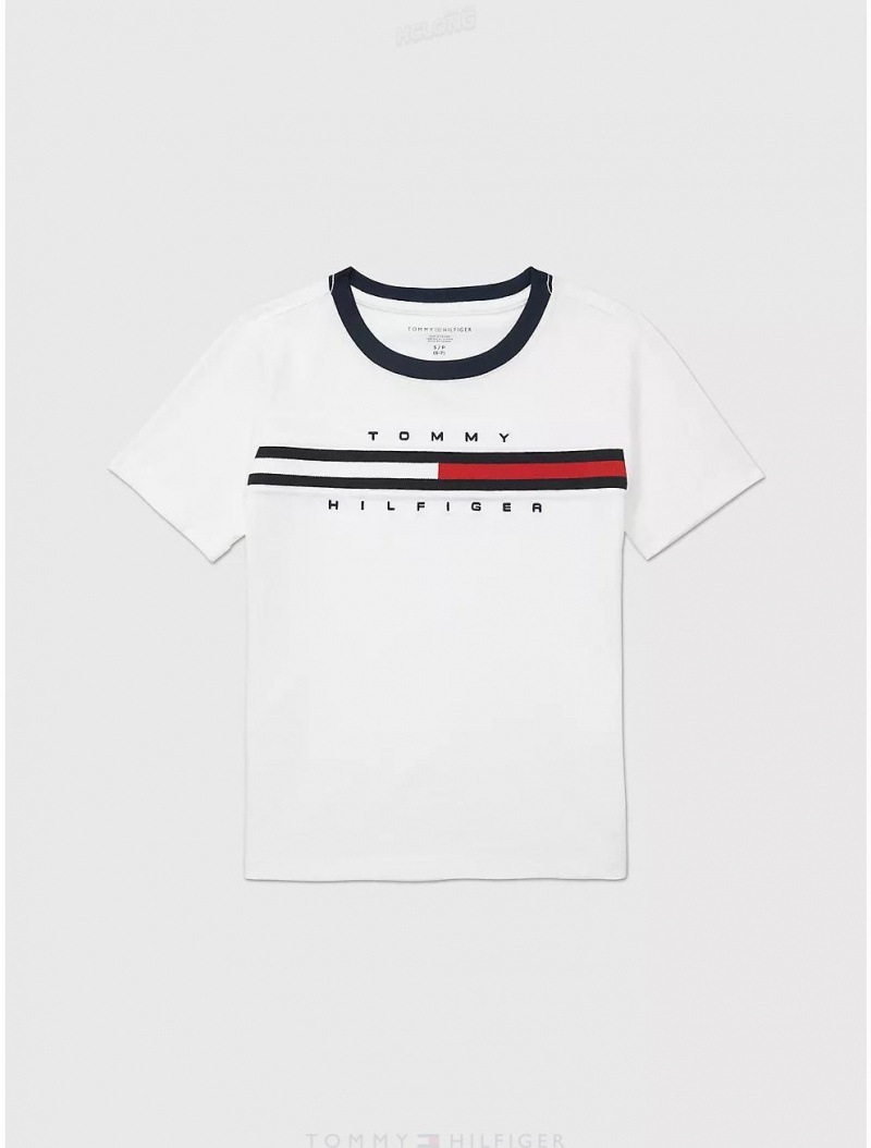 Tommy Hilfiger Kids' Flag Stripe Logo T-Shirt T-Shirts Optic White | 3720-AVCLX