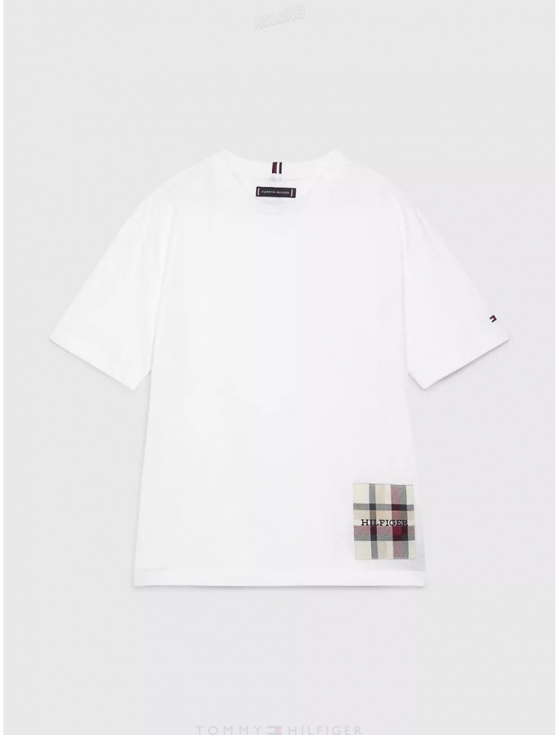 Tommy Hilfiger Kids' Plaid Accent T-Shirt T-Shirts White | 9713-QWXVO