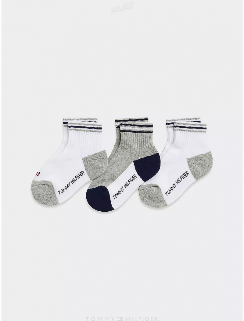 Tommy Hilfiger Kids' Quarter Top Socks 3-Pack Socks Classic White/Academy Grey Heather | 8576-ZWEDP