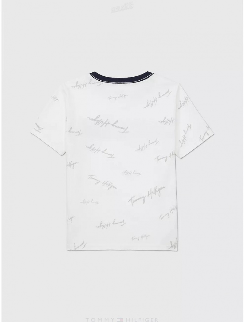 Tommy Hilfiger Kids' Signature Flag Stripe Logo T-Shirt T-Shirts Optic White | 1067-AEFLK