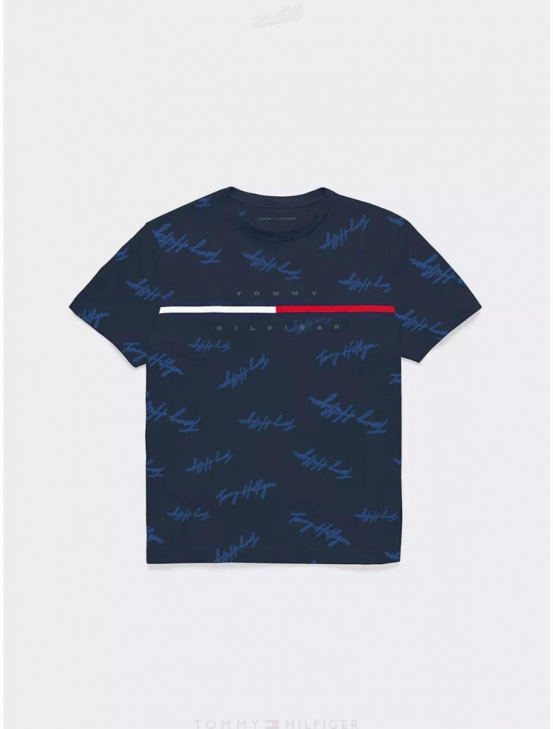 Tommy Hilfiger Kids' Signature Flag Stripe Logo T-Shirt T-Shirts Navy Blazer | 3701-YQVPA