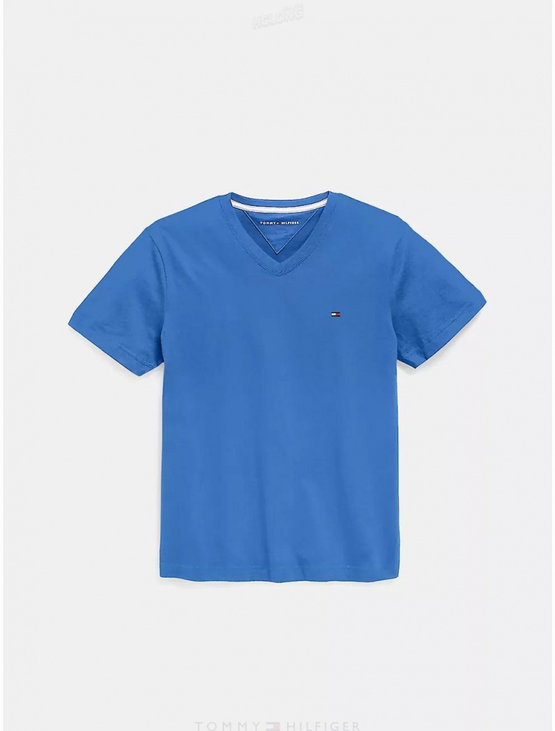 Tommy Hilfiger Kids' Solid V-Neck T-Shirt T-Shirts Palace Blue | 9027-ZKMNX