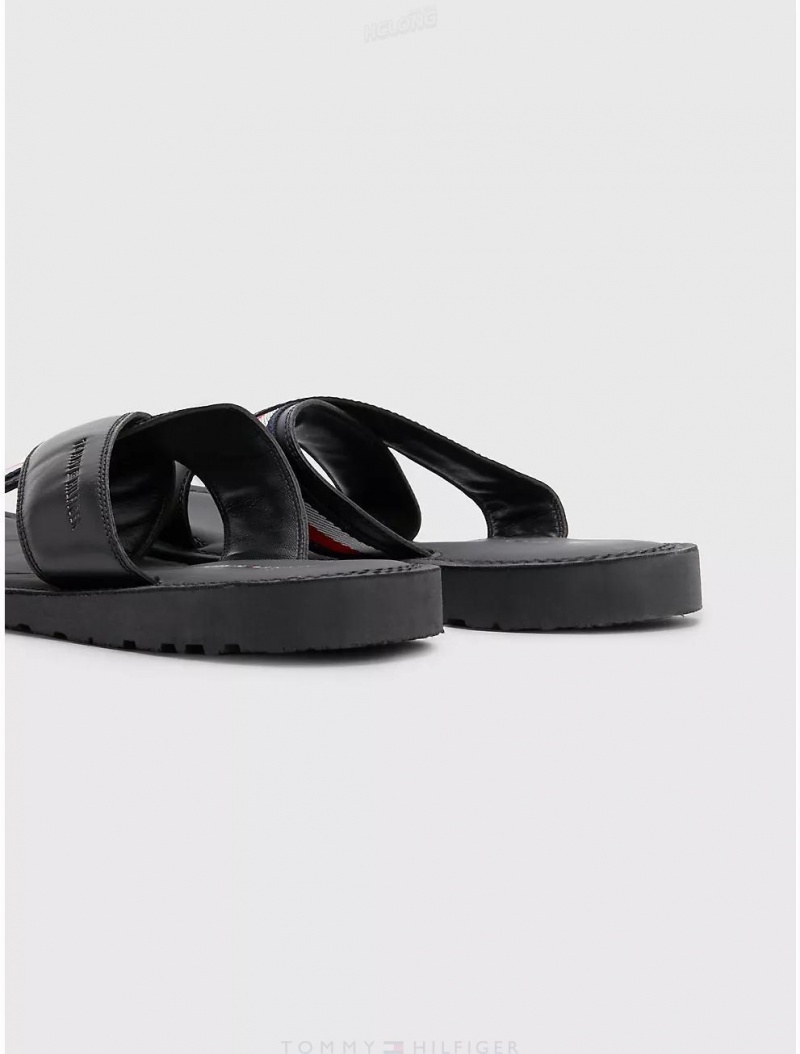 Tommy Hilfiger Leather Crisscross Sandal Shoes Black | 3897-RQCDJ