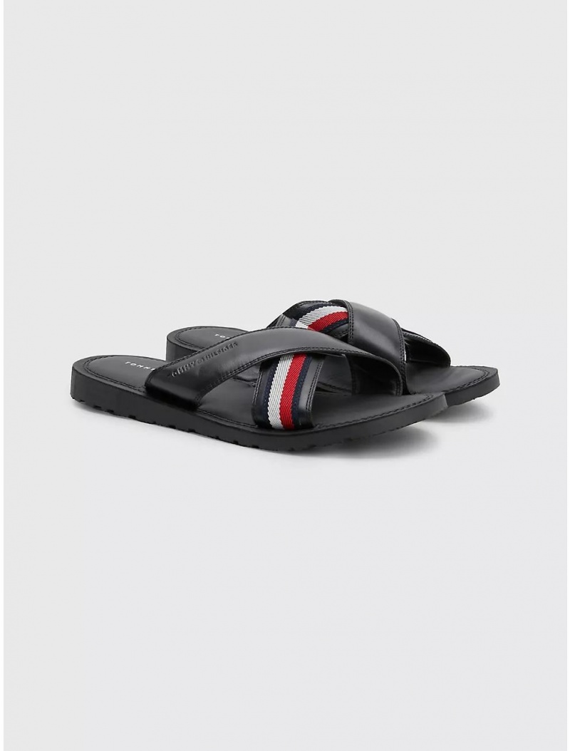 Tommy Hilfiger Leather Crisscross Sandal Shoes Black | 3897-RQCDJ