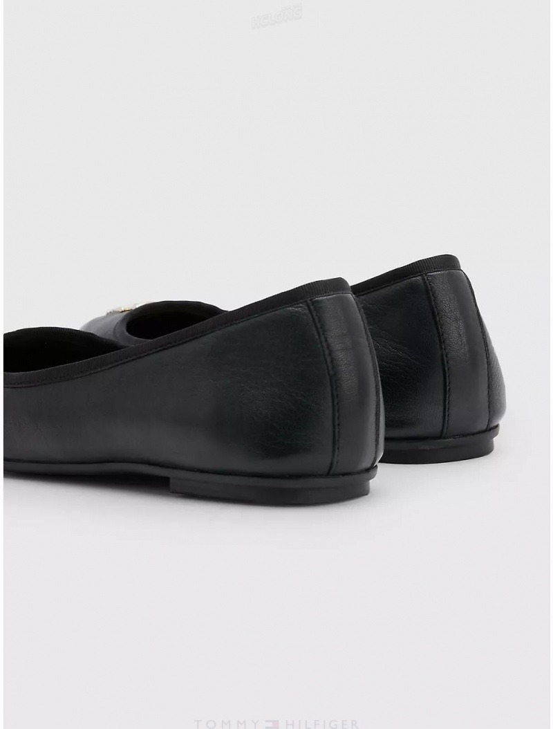 Tommy Hilfiger Leather Logo Ballet Flat Shoes Black | 3725-TEVQC