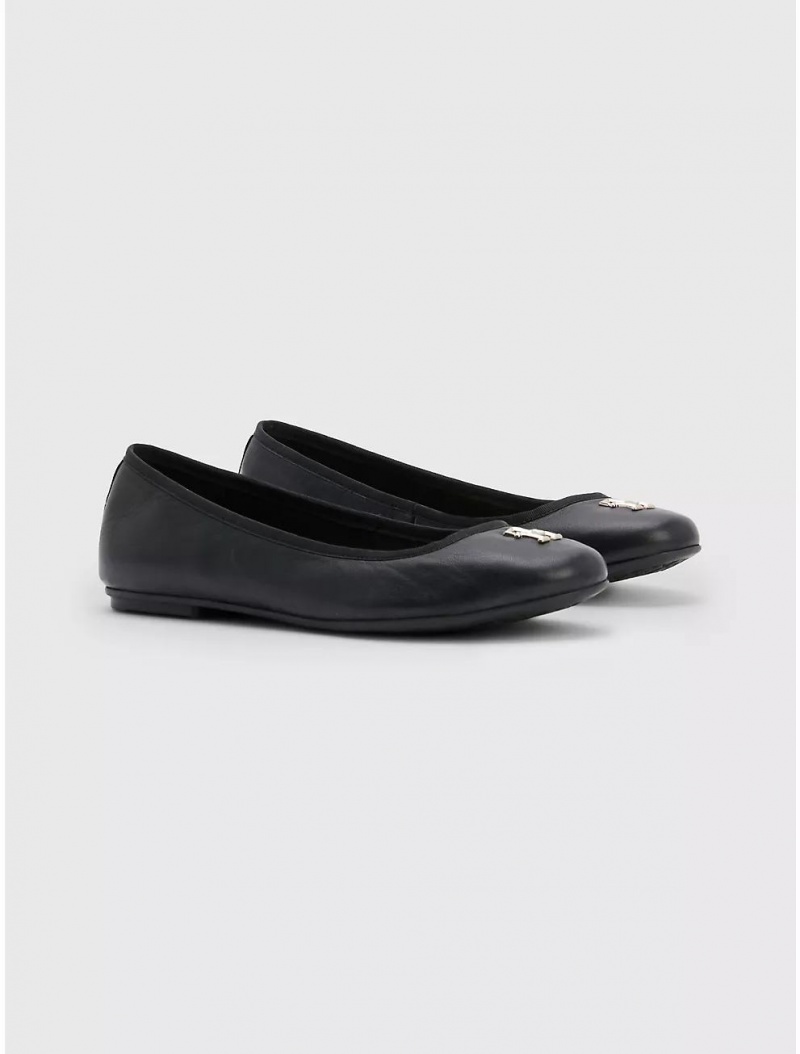 Tommy Hilfiger Leather Logo Ballet Flat Shoes Black | 3725-TEVQC