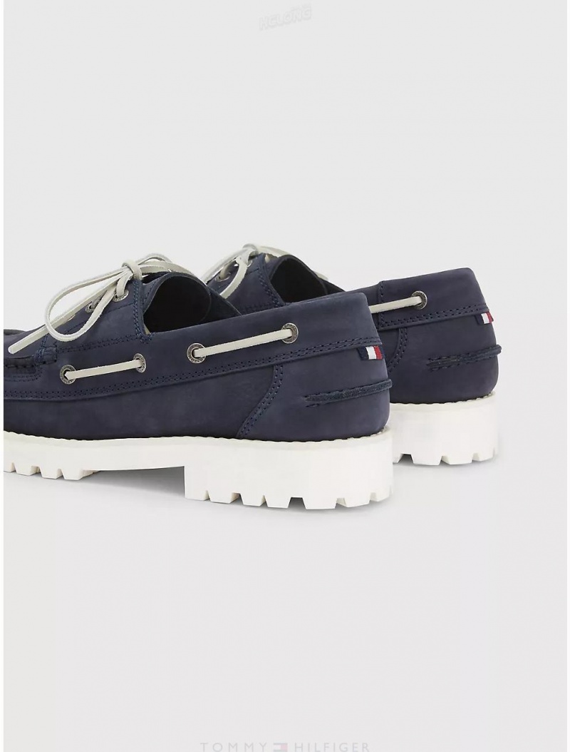 Tommy Hilfiger Leather Logo Boat Shoe Shoes Desert Sky | 5963-GEFHR