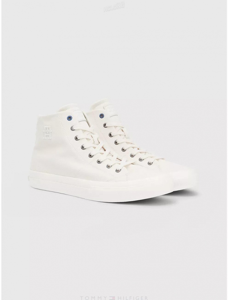 Tommy Hilfiger Linen and Cotton High-Top Shoes Weathered White | 0319-DPUAM