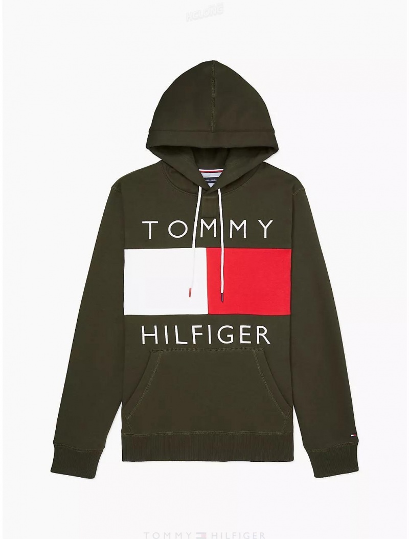 Tommy Hilfiger Logo Hoodie Tops Camo Green | 8732-SYHAE