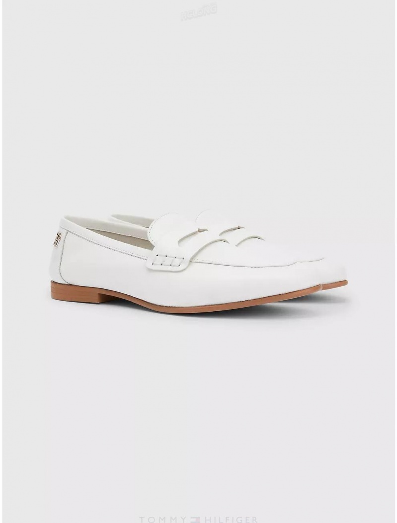 Tommy Hilfiger Logo Leather Loafer Shoes White/Ecru | 1863-FZMKS