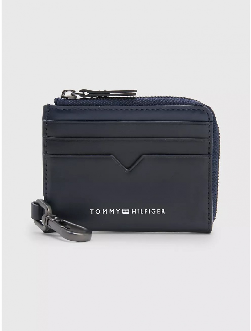 Tommy Hilfiger Logo Leather Zip Card Wallet Wallets Navy Cb | 6450-LJMRD