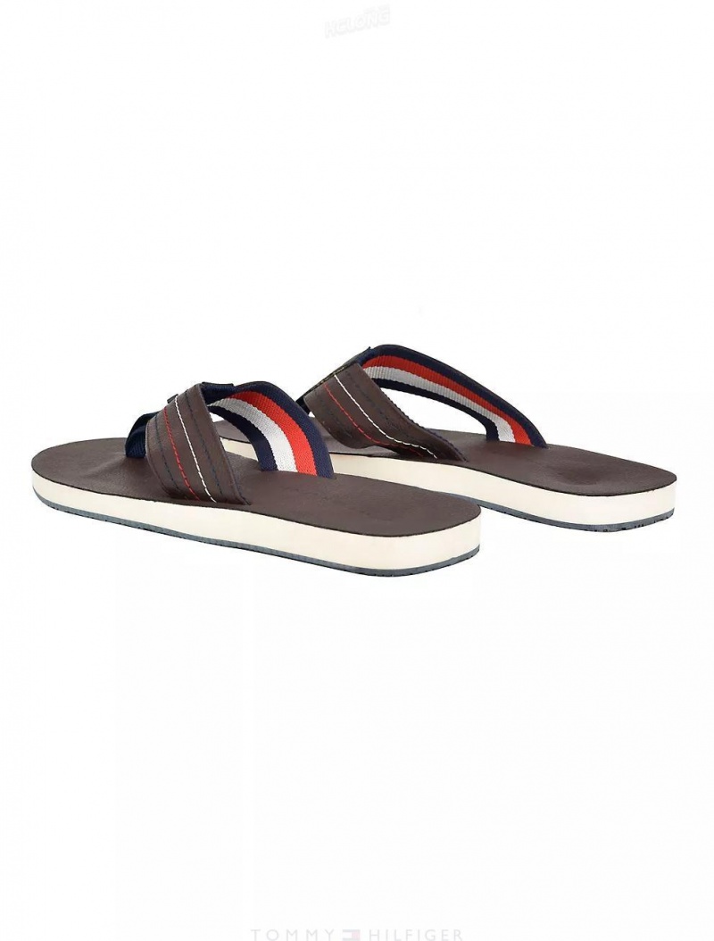 Tommy Hilfiger Logo Stitch Flip Flop Shoes Dark Brown | 2104-WHVYD