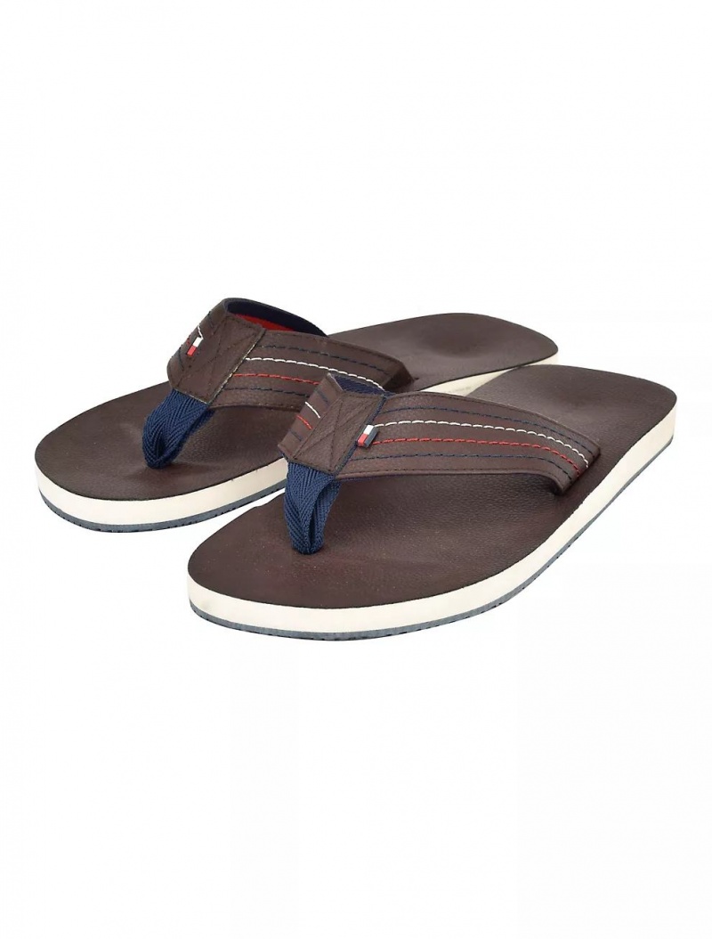 Tommy Hilfiger Logo Stitch Flip Flop Shoes Dark Brown | 2104-WHVYD