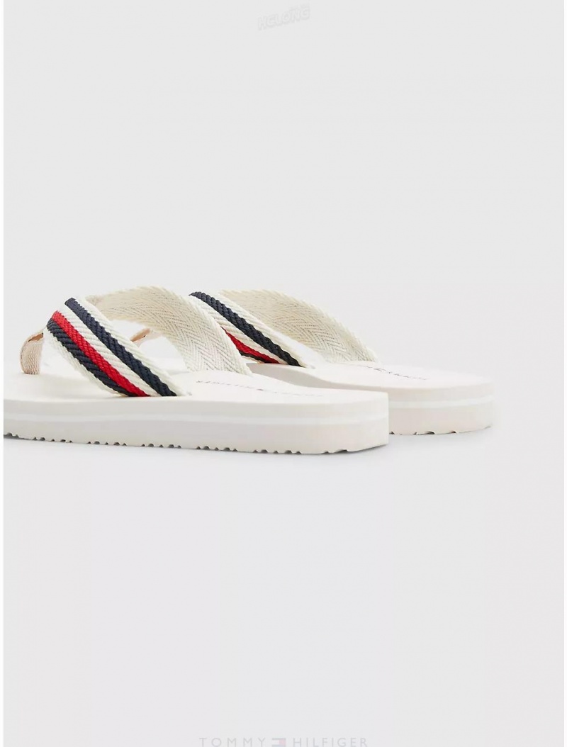 Tommy Hilfiger Logo Stripe Flip Flop Shoes Feather White | 8365-FKYOR