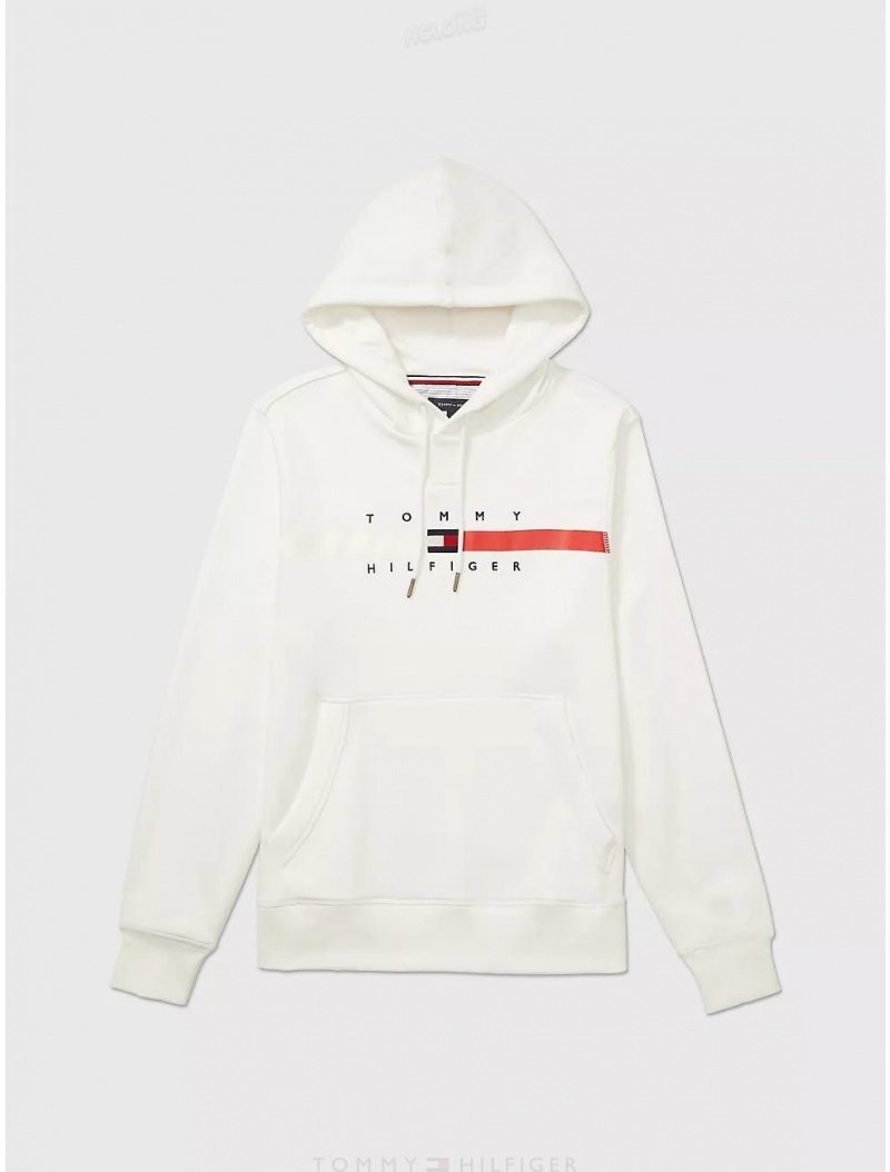 Tommy Hilfiger Logo Stripe Hoodie Tops Fresh White | 1298-UHWNF