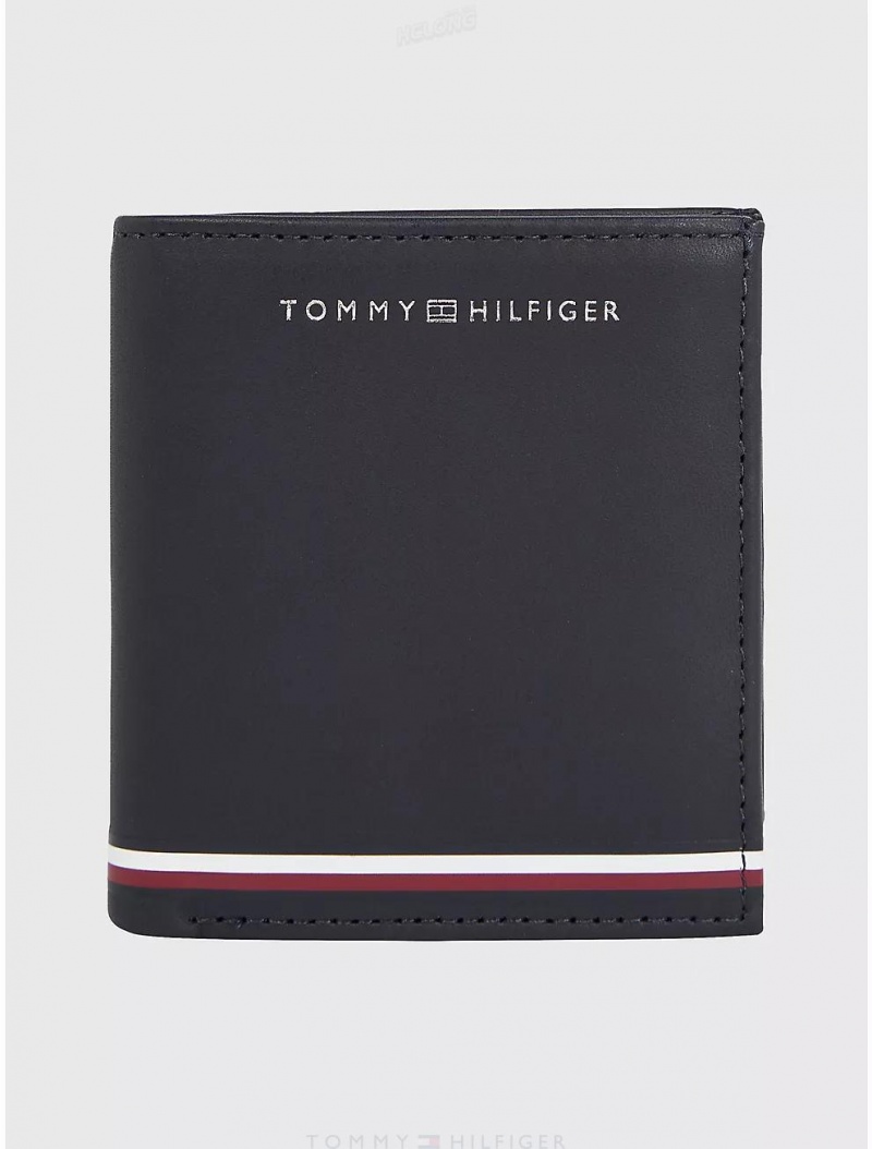 Tommy Hilfiger Logo Stripe Leather Trifold Wallet Wallets Space Blue | 5807-BMGXK