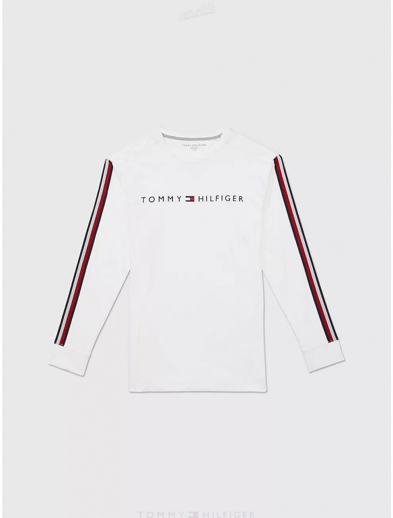 Tommy Hilfiger Logo Stripe Long-Sleeve T-Shirt Tops Optic White | 7430-GPIOZ