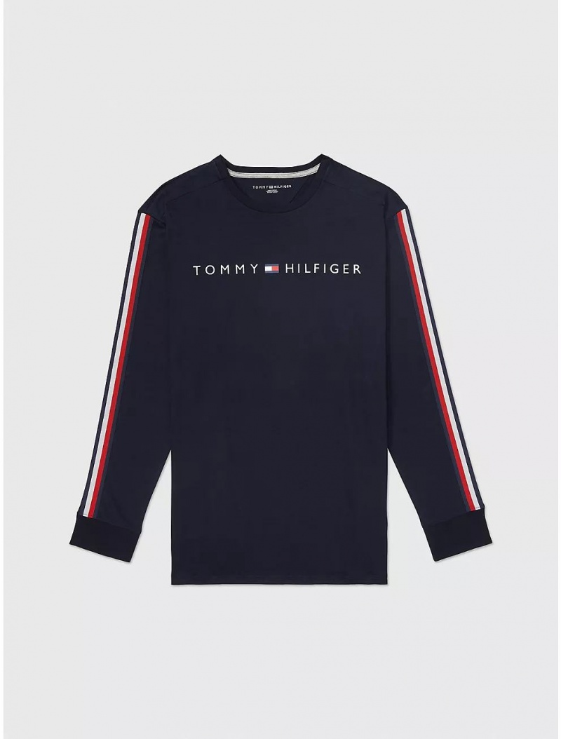 Tommy Hilfiger Logo Stripe Long-Sleeve T-Shirt Tops Desert Sky | 6701-IECQZ