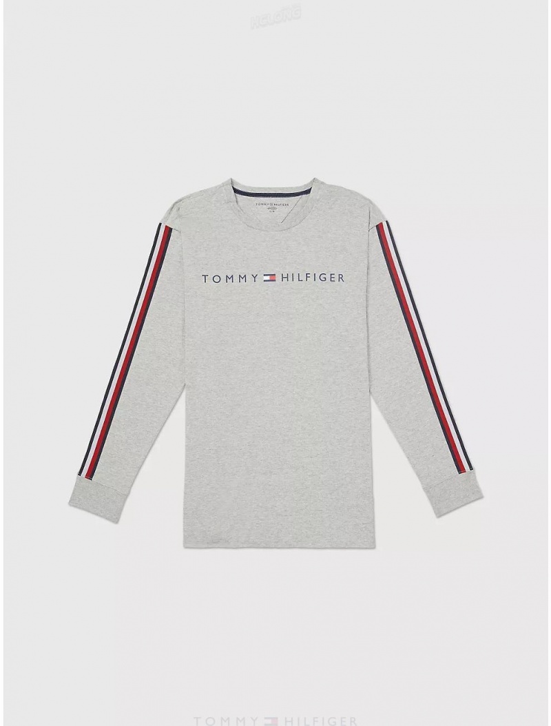 Tommy Hilfiger Logo Stripe Long-Sleeve T-Shirt Tops Grey Heather | 6320-VFYPB