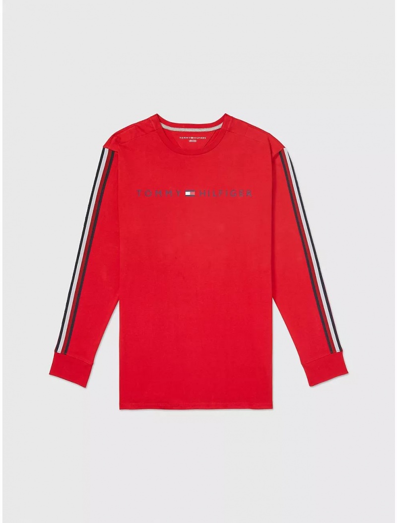 Tommy Hilfiger Logo Stripe Long-Sleeve T-Shirt Tops Primary Red | 0935-GPUDT