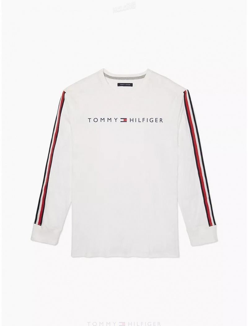 Tommy Hilfiger Logo Stripe Long-Sleeve T-Shirt Tops Bright White | 3650-TFUQM