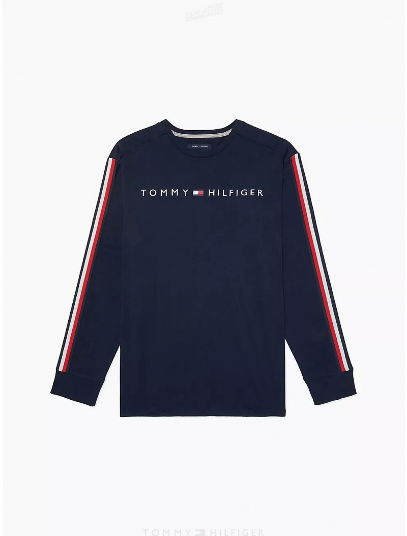 Tommy Hilfiger Logo Stripe Long-Sleeve T-Shirt Tops Navy Blazer | 2731-BCDVH