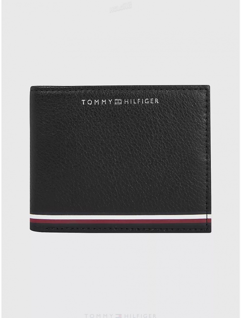 Tommy Hilfiger Logo Stripe Pebbled Mini Card Wallet Wallets Black | 1760-AEMLH