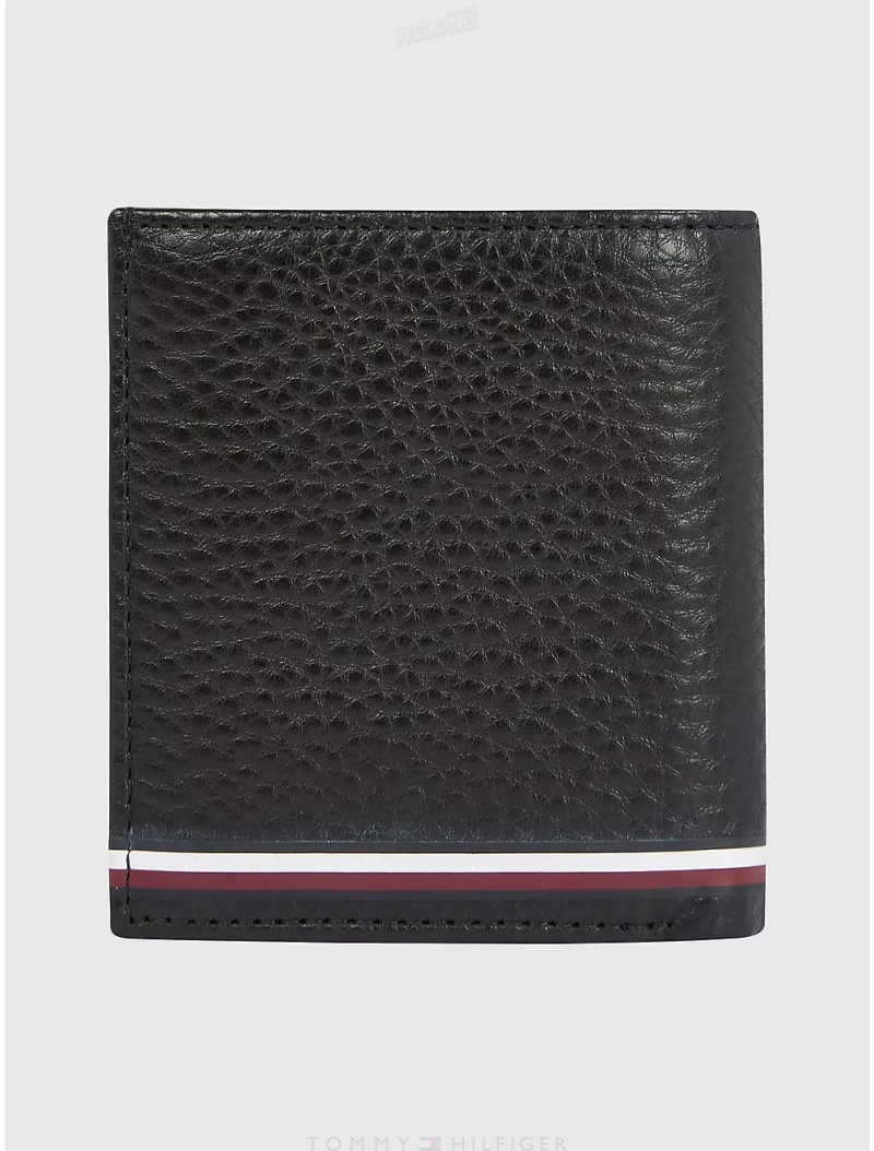 Tommy Hilfiger Logo Stripe Pebbled Trifold Wallet Wallets Black | 7253-SVLKJ