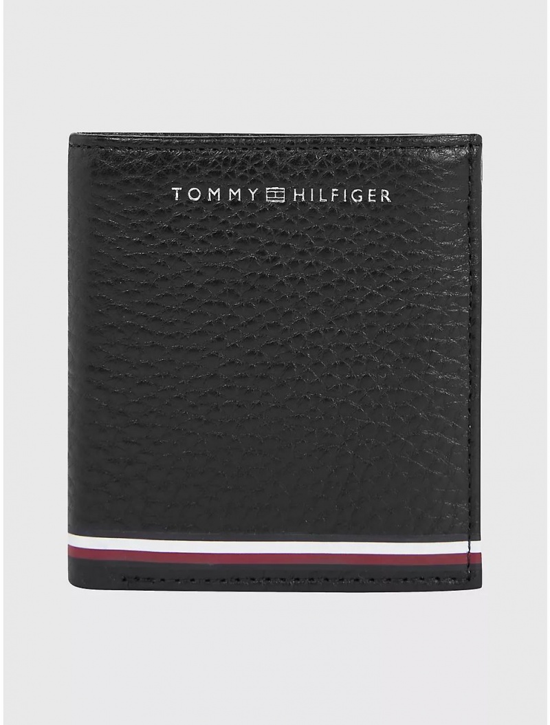 Tommy Hilfiger Logo Stripe Pebbled Trifold Wallet Wallets Black | 7253-SVLKJ