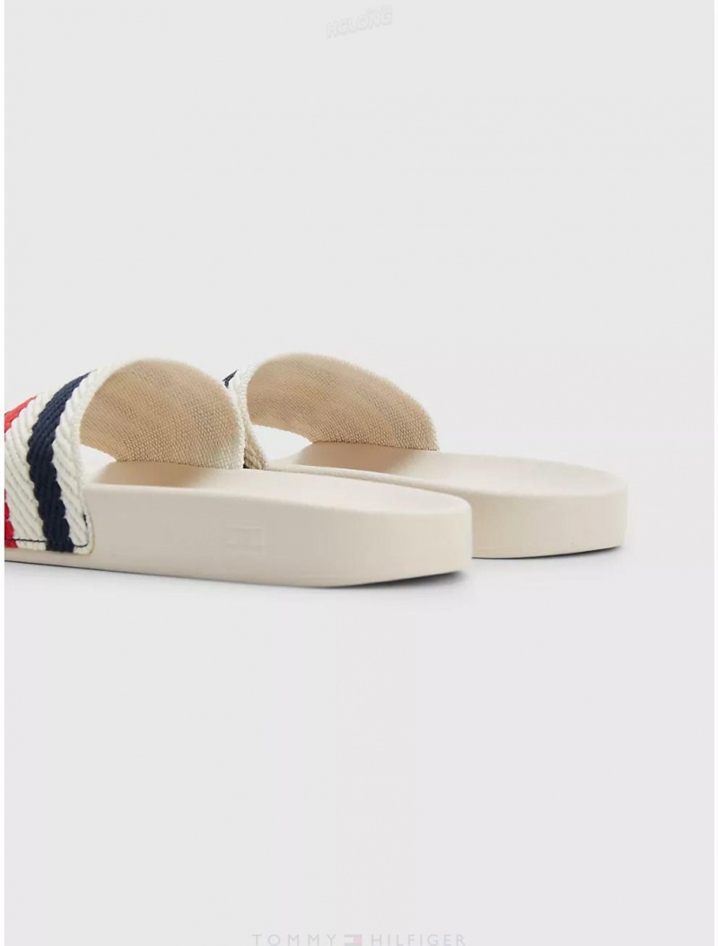 Tommy Hilfiger Logo Stripe Pool Slide Shoes Feather White | 8350-DMBFV