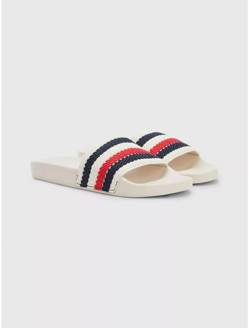 Tommy Hilfiger Logo Stripe Pool Slide Shoes Feather White | 8350-DMBFV