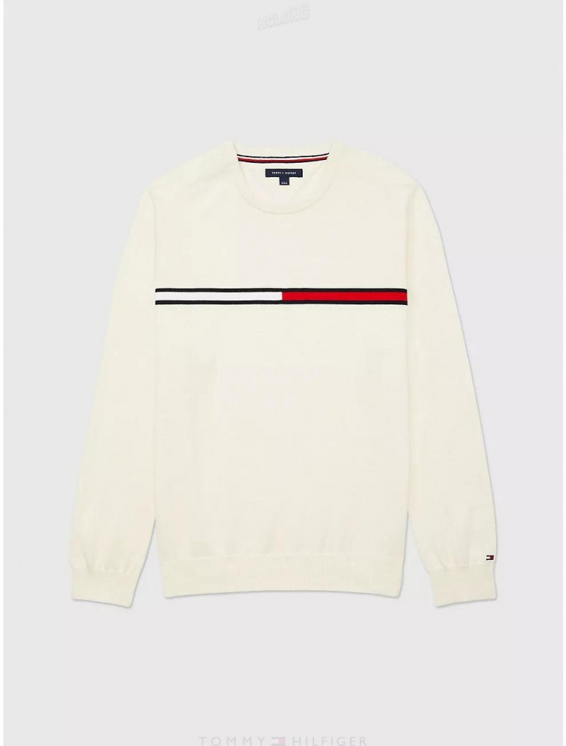 Tommy Hilfiger Logo Stripe Sweater Tops White Heather | 6570-HAFRG