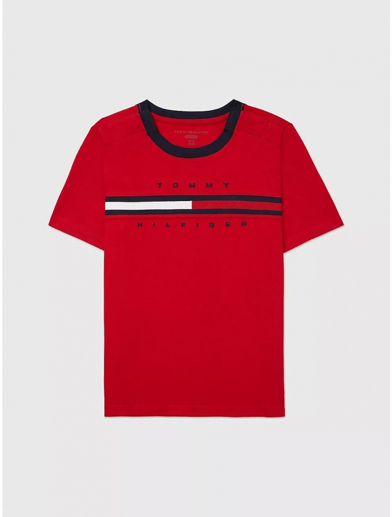 Tommy Hilfiger Logo Stripe T-Shirt Tops Primary Red | 1356-UFZHI