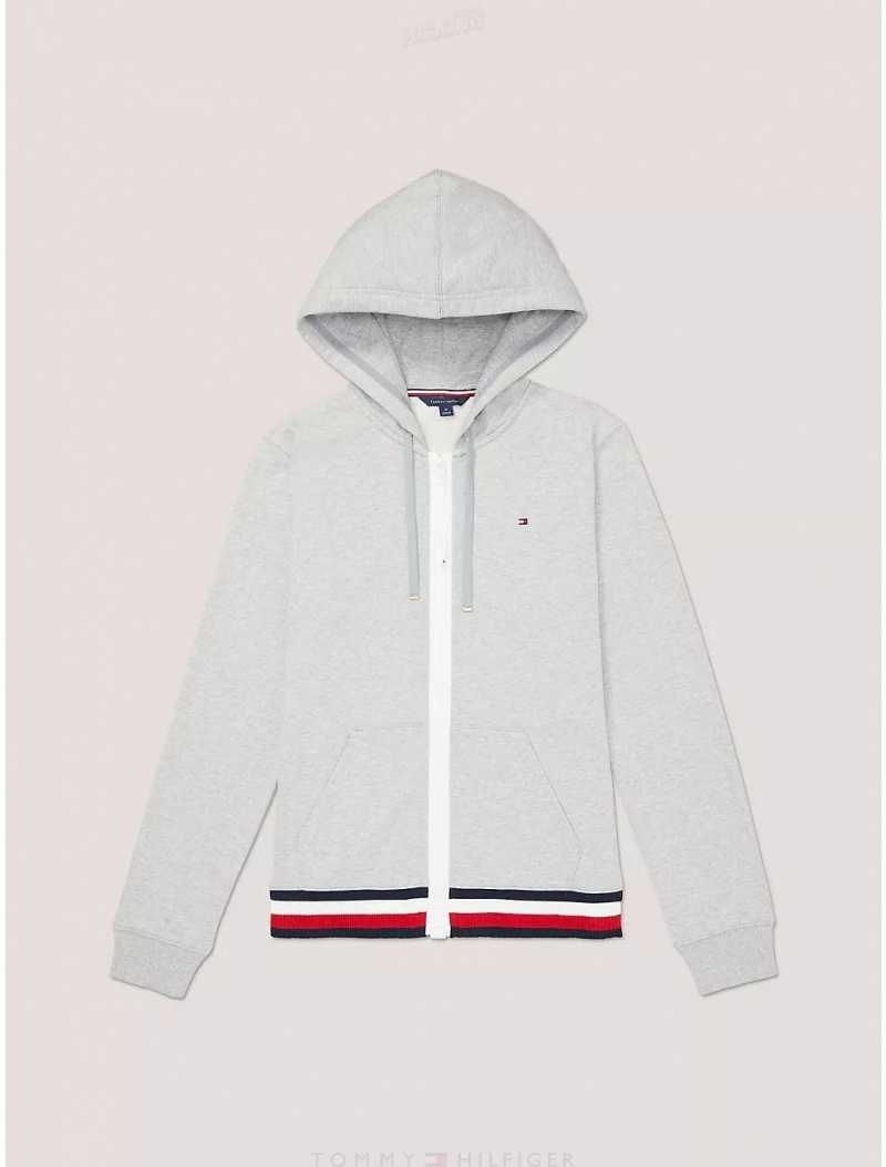 Tommy Hilfiger Logo Stripe Zip Hoodie Tops Grey Heather | 2047-OUTAC