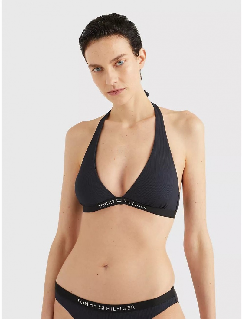 Tommy Hilfiger Logo Triangle Halter Bikini Top Swimwear Black | 5271-KTBXH