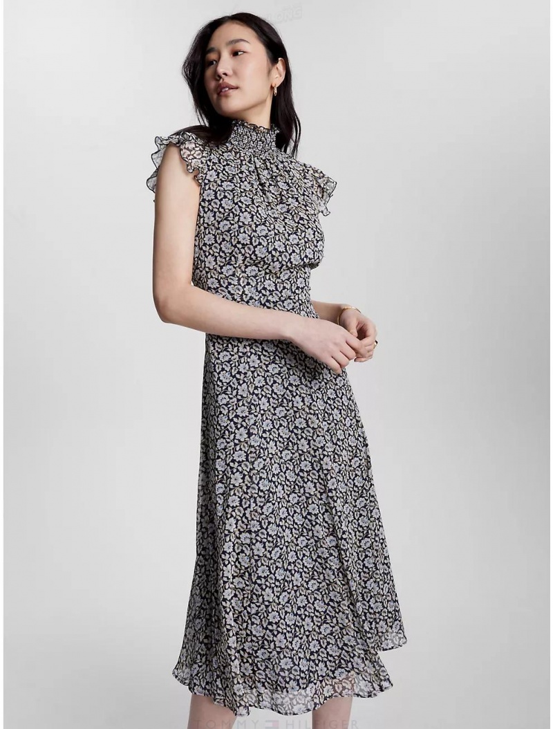 Tommy Hilfiger Mockneck Floral Midi Dress Dresses & Skirts Midnight Multi | 4693-ANGUC