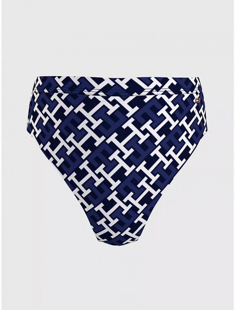 Tommy Hilfiger Monogram High Waist Cheeky Bikini Bottom Swimwear Monogram Navy White | 1803-KFAPX