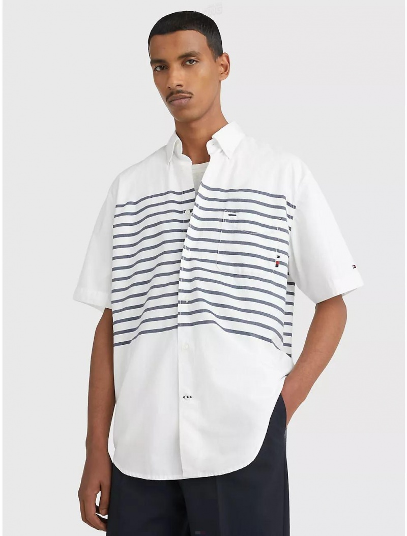 Tommy Hilfiger Oversized Breton Stripe Poplin Shirt Tops Optic White / Carbon Navy | 3582-UXYPF