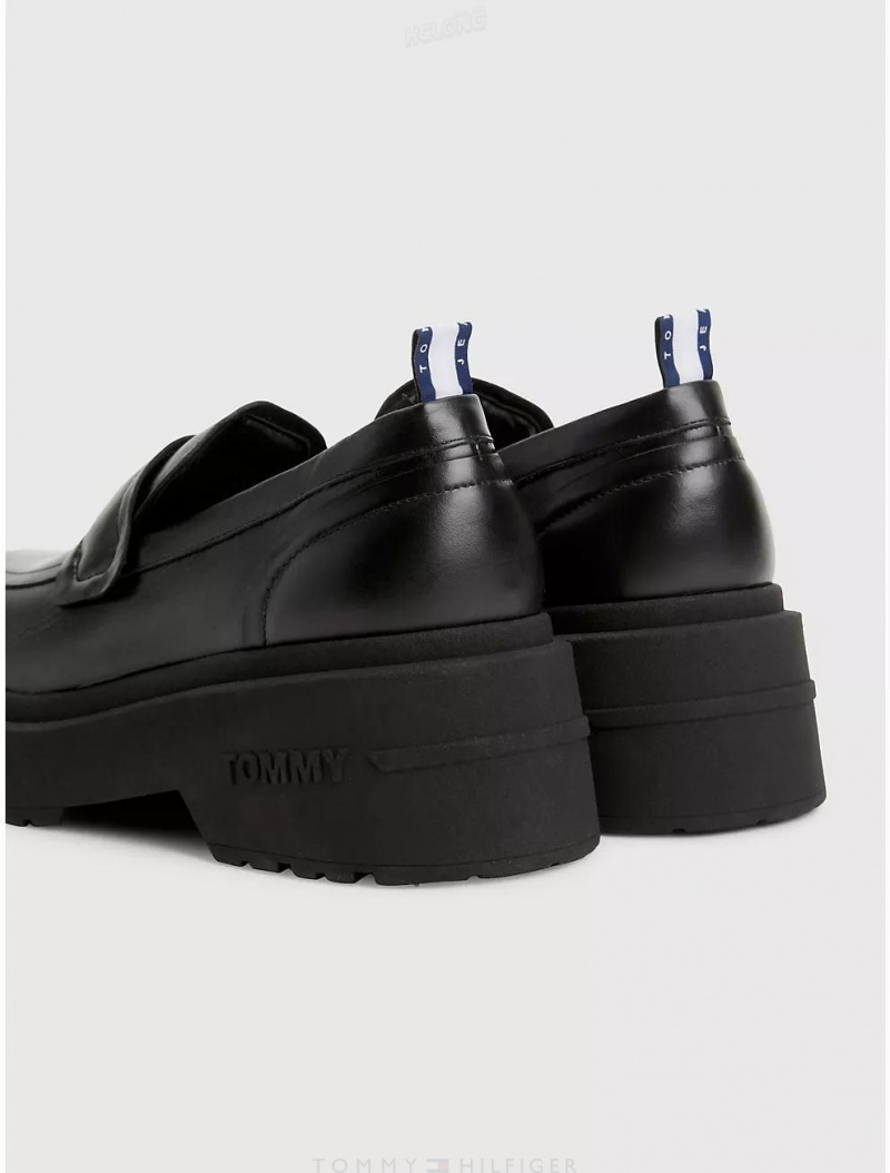 Tommy Hilfiger Platform Leather Loafer Shoes Black | 3720-XNQPT