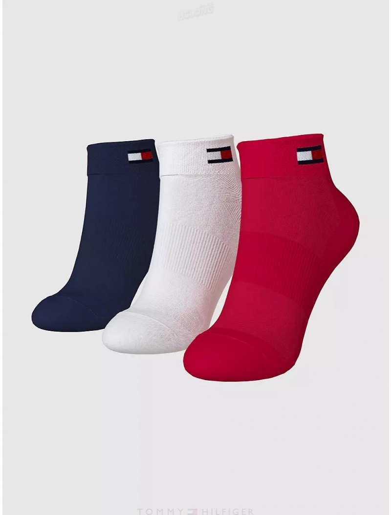 Tommy Hilfiger Quarter Top Sock 3-Pack Socks Primary Red/Multi | 1893-UTNJO