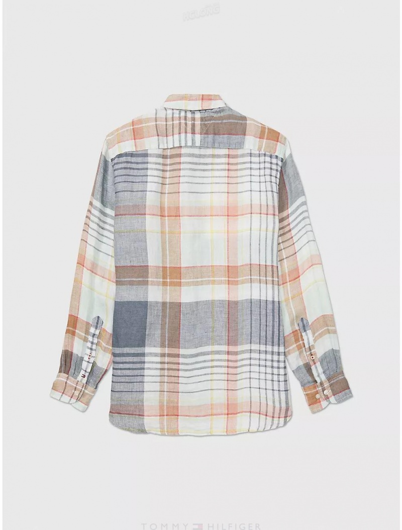 Tommy Hilfiger Regular Fit Plaid Linen and Cotton Shirt Tops Charcoal Blue /Minty /Multi | 0793-RZISA