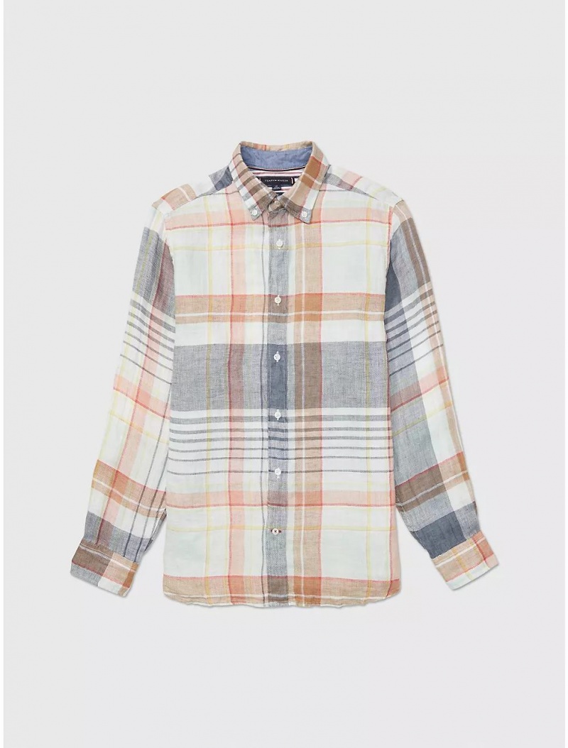 Tommy Hilfiger Regular Fit Plaid Linen and Cotton Shirt Tops Charcoal Blue /Minty /Multi | 0793-RZISA